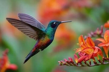 Naklejka premium Colorful fiery throated hummingbird hovering near vibrant orange flowers in a tropical garden setting
