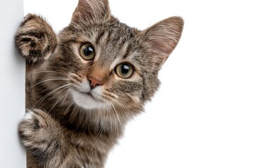Fototapeta premium Happy cat peeks out from behind a banner with an adorable expression, showcasing curiosity and playfulness in a bright setting