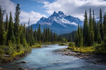 Obraz premium Majestic mountain river flows through serene landscape with towering peaks and lush greenery during the daylight