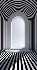 Archway with black and white striped walls and floor