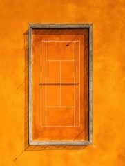 Fototapeta premium aerial view of orange clay tennis court showing the net and markings representing sport competition and healthy lifestyle