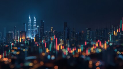 Obraz premium forex trade market concept with digital indicators graphs financial diagram at night kuala lumpur city background double exposure no logos no brands ar 169