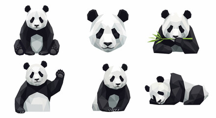 A collection of six stylized, geometric illustrations of giant pandas in various poses, including sitting, eating bamboo, waving, and sleeping.