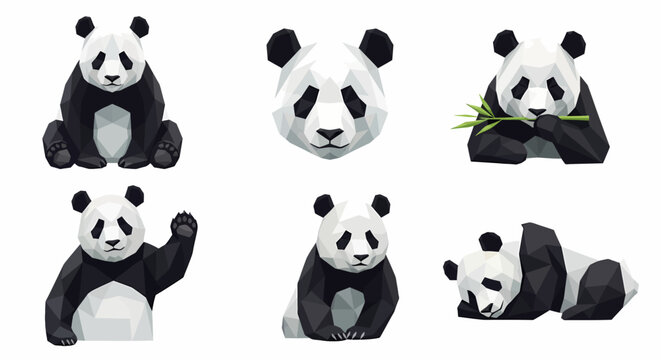 A collection of six stylized, geometric illustrations of giant pandas in various poses, including sitting, eating bamboo, waving, and sleeping.