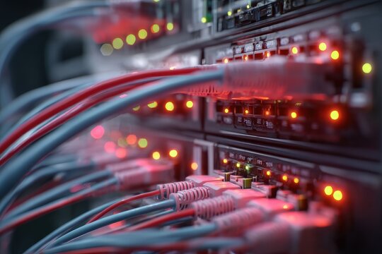 Network cables connected to a server in a data center facilitating data communication and management operations during peak usage hours