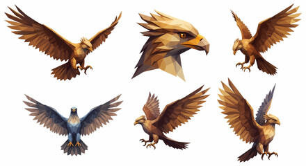 Obraz premium Six stylized golden eagles in various poses, showcasing flight and head details.