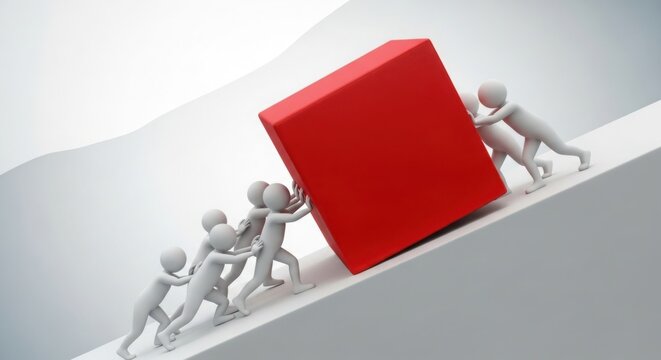 Determined team unites to push a large red cube uphill symbolizing collaborative effort and overcoming challenges together with shared purpose and strength