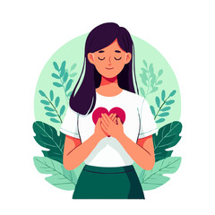 Woman holding heart symbol with closed eyes surrounded by leaves