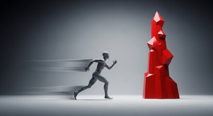 Dynamic runner races towards abstract red crystal symbolizing achievement and overcoming challenges in a modern, minimalist environment.