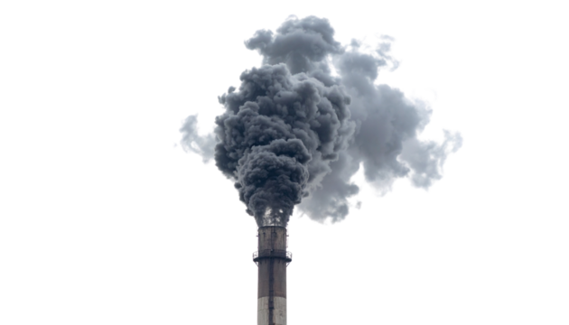 Factory chimney emitting black smoke cloud, isolated on transparent background, air pollution concept