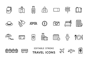 旅行にまつわるアイコンセット（モノクロ）