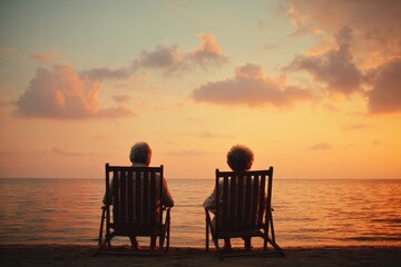 Obraz premium Senior couple enjoys a peaceful sunset at the beach while sitting in relaxing chairs overlooking calm waters and gentle waves