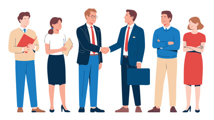 Fototapeta premium Business Team Illustration Two Men Shaking Hands, with Other People Standing By Watching the Deal