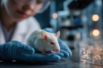 Laboratory technician carefully handling a white lab rat in a research facility during an experiment on animal models for scientific studies