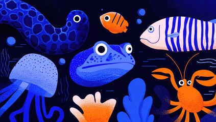 Ocean creatures, vibrant blues, and corals