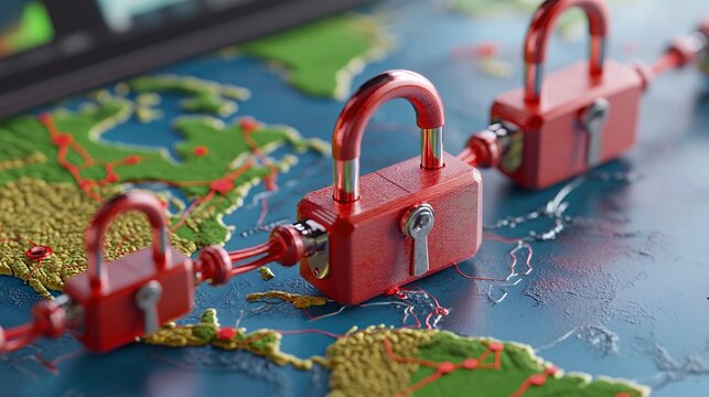 Red Padlocks Connected On World Map Global Security
