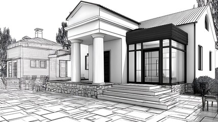 Modern Building Design in Black and White Architectural Drawing