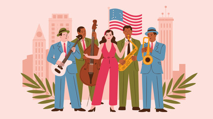 Fototapeta premium Colorful Jazz Band Performance With Bass, Saxophones, Guitar, and Singer Against Cityscape Background