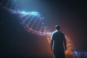 Scientist in lab coat observing glowing DNA strands in a dark laboratory environment while exploring genetic research