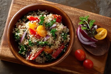 Colorful quinoa salad with fresh veggies displayed from the top view on a wooden serving platter in a warm kitchen setting during daylight