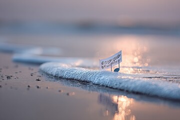Miniature music note on beach at dawn