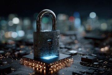 Digital cybersecurity concept showcases a metallic padlock on a microchip, symbolizing network protection amidst a city skyline at night