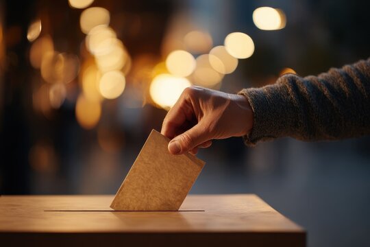 Person drops a ballot into a wooden box during evening hours in an urban setting with soft bokeh lights illuminating the background