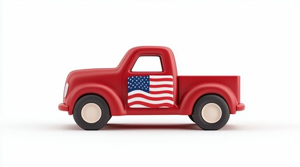 Fototapeta premium Red Toy Pickup Truck With American Flag Decal