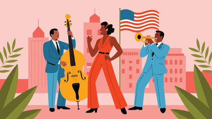 Jazz Musicians Performing Against Cityscape with American Flag Illustration for Sale