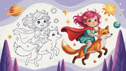 Naklejka premium Whimsical Coloring Page Little Girl with Cape Riding a Fox Among Stars and Planets