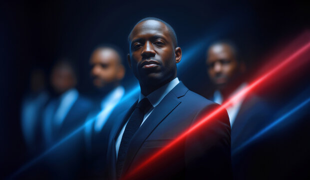 Corporate leadership concept with confident man in suit highlighted by red and blue neon lights