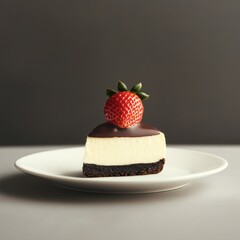 A gluten-free chocolate-covered strawberry sitting atop a delicate cheesecake slice