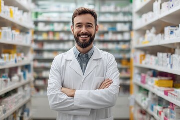 Fototapeta premium Pharmacist standing confidently in a well-stocked pharmacy, showcasing professionalism and expertise amidst shelves of medication and healthcare products
