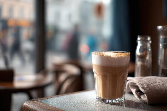 Freshly made cafe au lait served in a glass cup on a wooden table near a window at a bustling cafe in the afternoon
