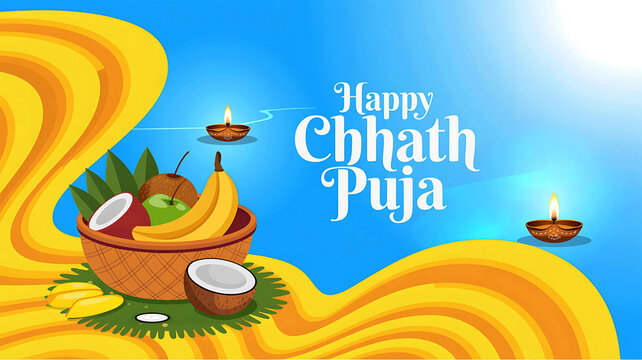 Happy Chhath Puja with fruits and diyas India festival