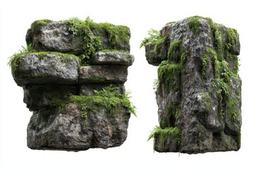 Ancient stone structure overgrown with moss, showcasing intricate designs from a forgotten civilization, captured in natural sunlight during a serene afternoon