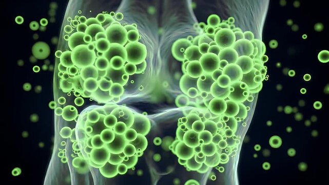 Abstract Green Cell Clusters Medical Visualization on Dark Background