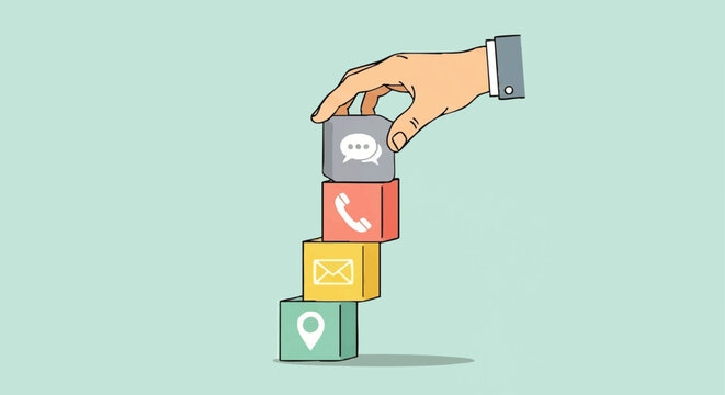 A hand builds a stack of colored blocks, each displaying communication icons, representing contact methods for customer service.