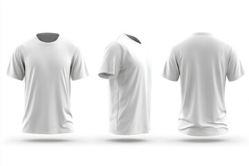 Naklejka premium Realistic mockup showcasing a blank white men's t-shirt viewed from multiple angles in a minimalist studio setting