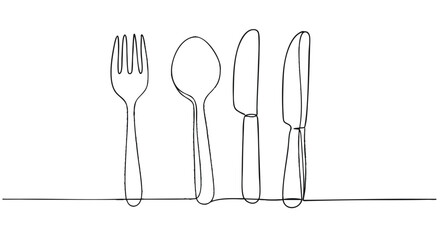 Minimalist continuous one line drawing of a cutlery set. Fork, spoon, and knives place setting vector illustration for restaurant and dining concepts