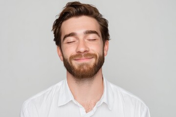Obraz premium Smiling young Caucasian male with closed eyes enjoying a moment of happiness and tranquility indoors against a neutral background