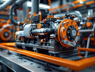 Fototapeta premium Bring the power of hydraulic systems to life with a wide-angle view detailing intricate components & mechanics Show sleek design & functionality for industrial clients wanting a dynamic sales image