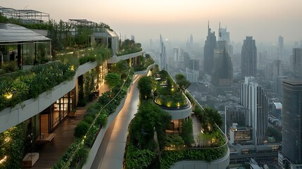 Futuristic rooftop garden with solar panels and vertical farming, surrounded by greenery and sustainable urban design, with expansive clear sky space left empty for eco campaign message.