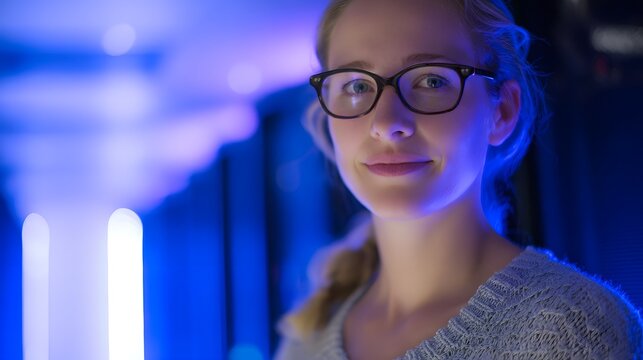 A technical specialist in glasses stands confidently before a server rack, representing expertise in technology.