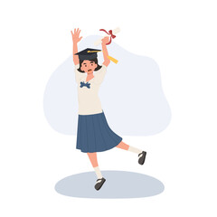 graduation girl asian student in school uniform with cap and diploma jumping in celebration education success and achievement