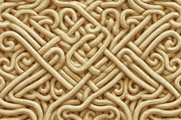 Complex, interwoven noodle design.  Beige/cream colored,  3D textured noodles, intricate patterns