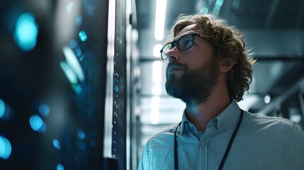 A technical specialist in glasses stands confidently before a server rack, representing expertise in technology.