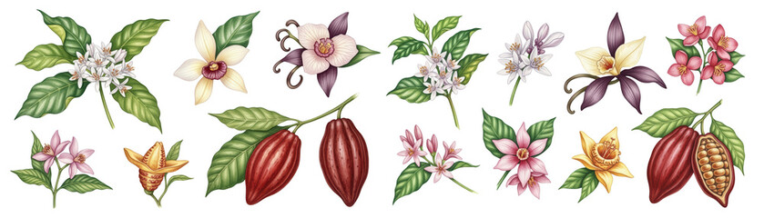 Colorful illustrations of cocoa plants and tropical flowers on a dark background.