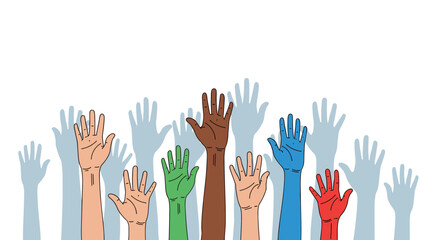 Many diverse hands raised in agreement showing unity and participation in a group activity or discussion