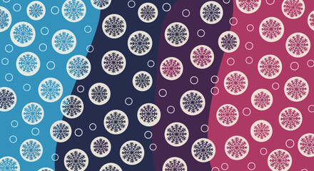 Captivating snowflake patterns with circles and swirls in blue pink and purple hues perfect for winter themes and festive designs
